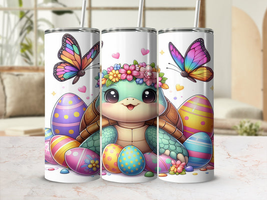 Cute cartoon turtle with Easter eggs and butterflies on a tumbler.