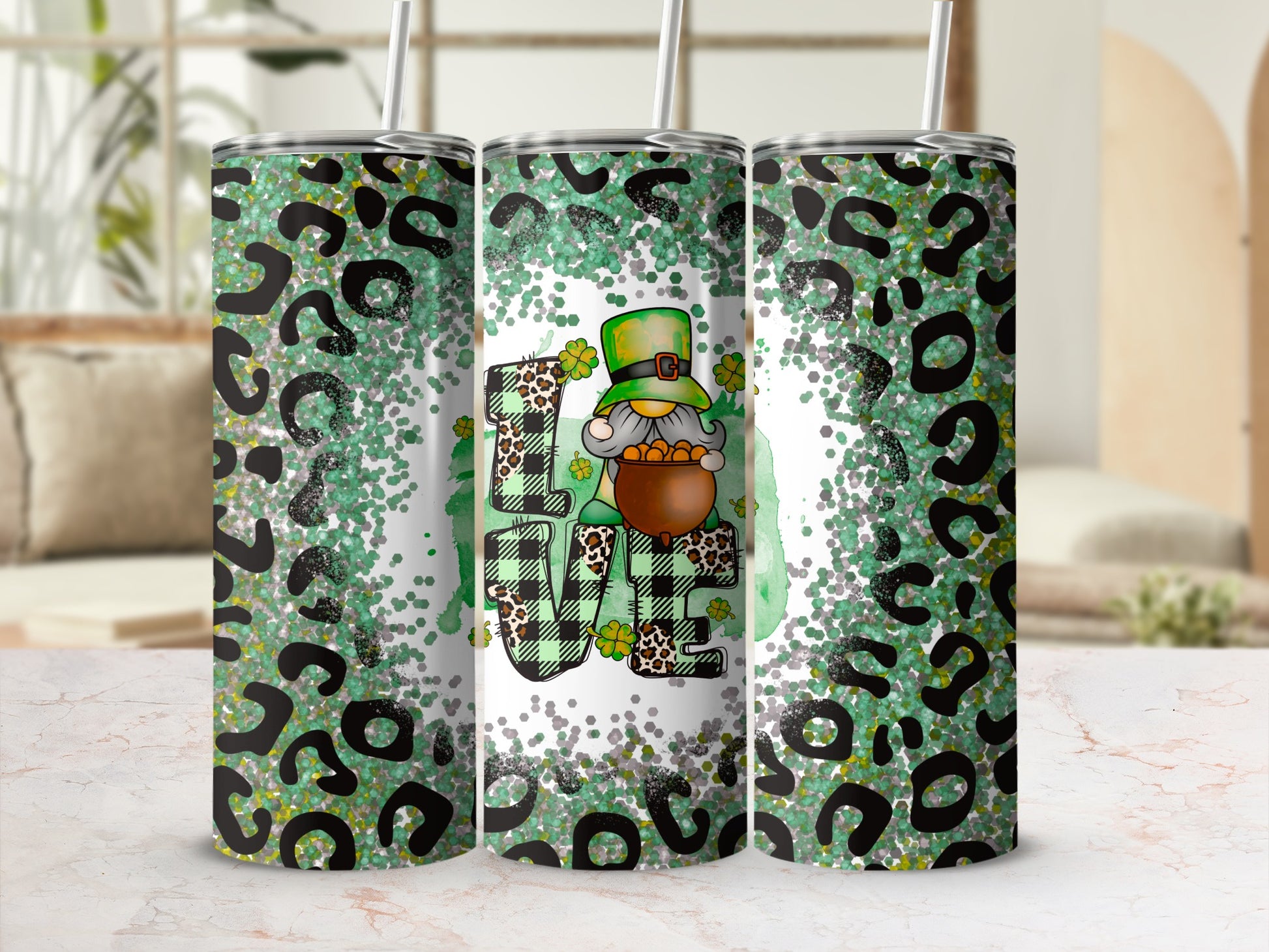 Green leopard print tumbler with a gnome, shamrocks, and the word "LOVE".