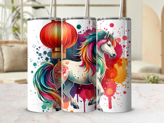 White horse with colorful mane and tail on a background of watercolor splashes and a lantern.