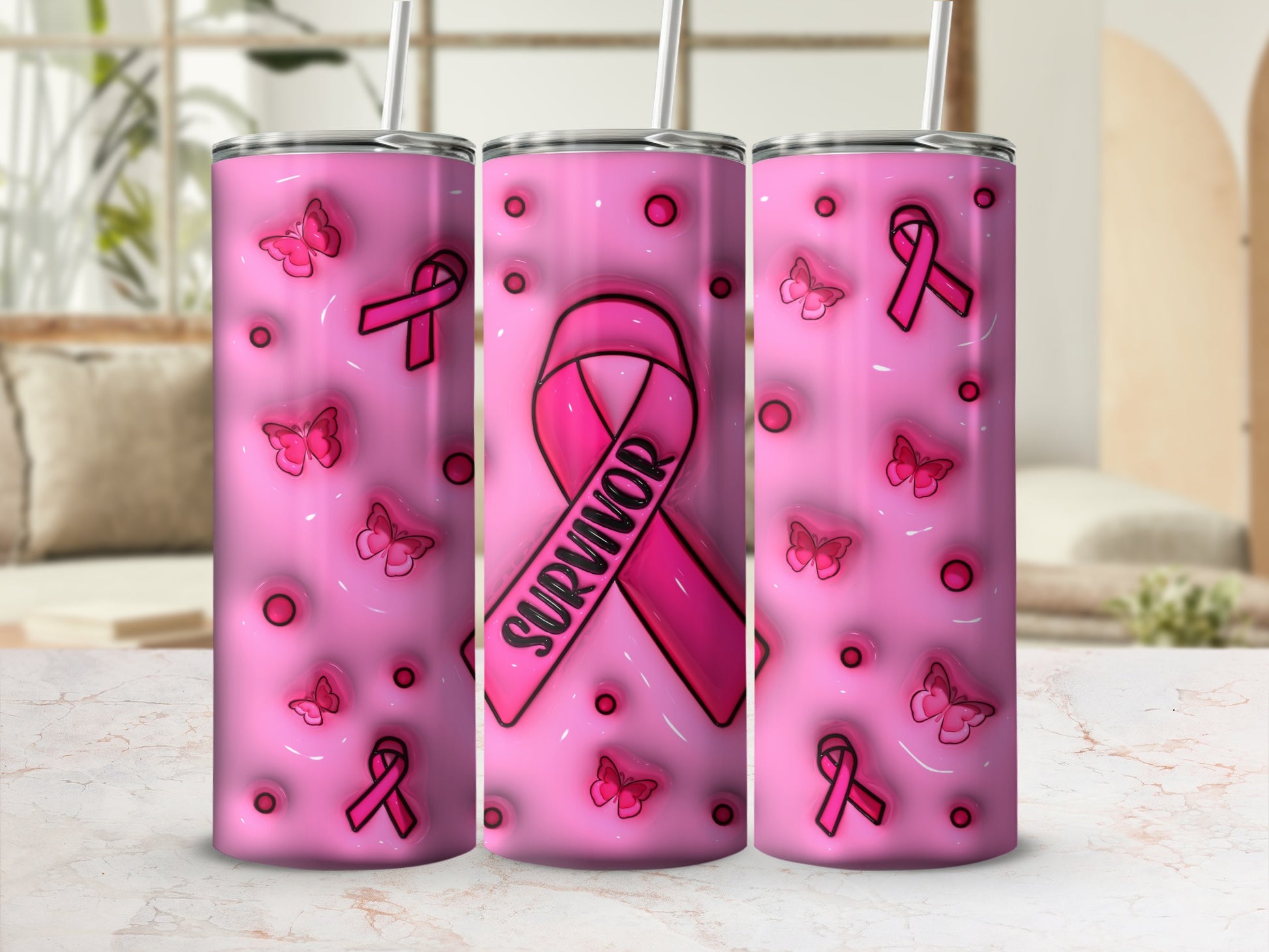 Pink tumbler with breast cancer awareness ribbons and butterflies, "Survivor" text.