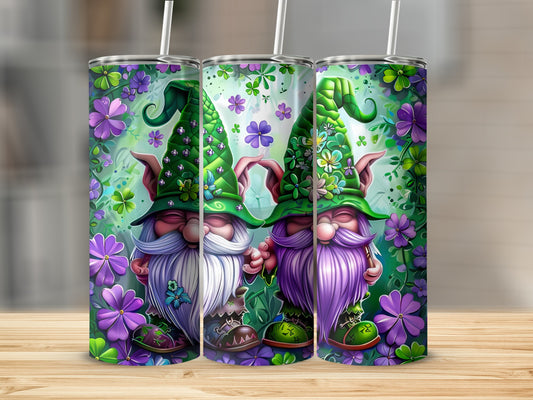 Two gnomes with green hats and beards, surrounded by purple flowers and shamrocks.