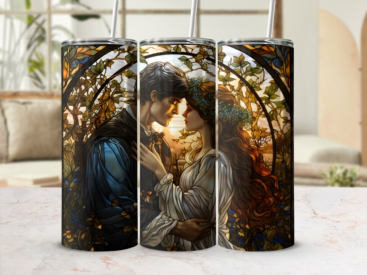 Stained glass tumbler featuring a couple embracing under an archway.