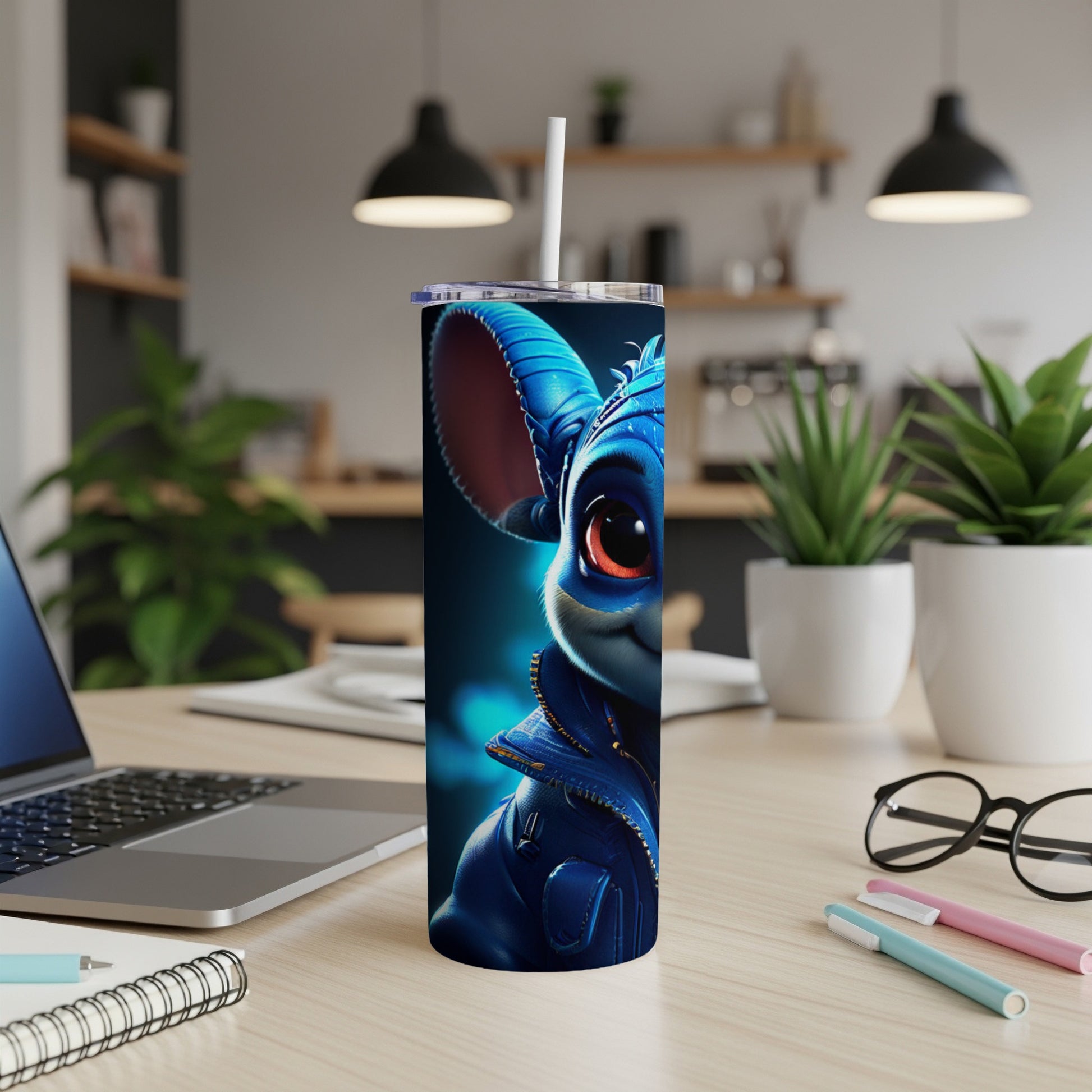 Blue cartoon mouse character wearing a jacket, on a tumbler.