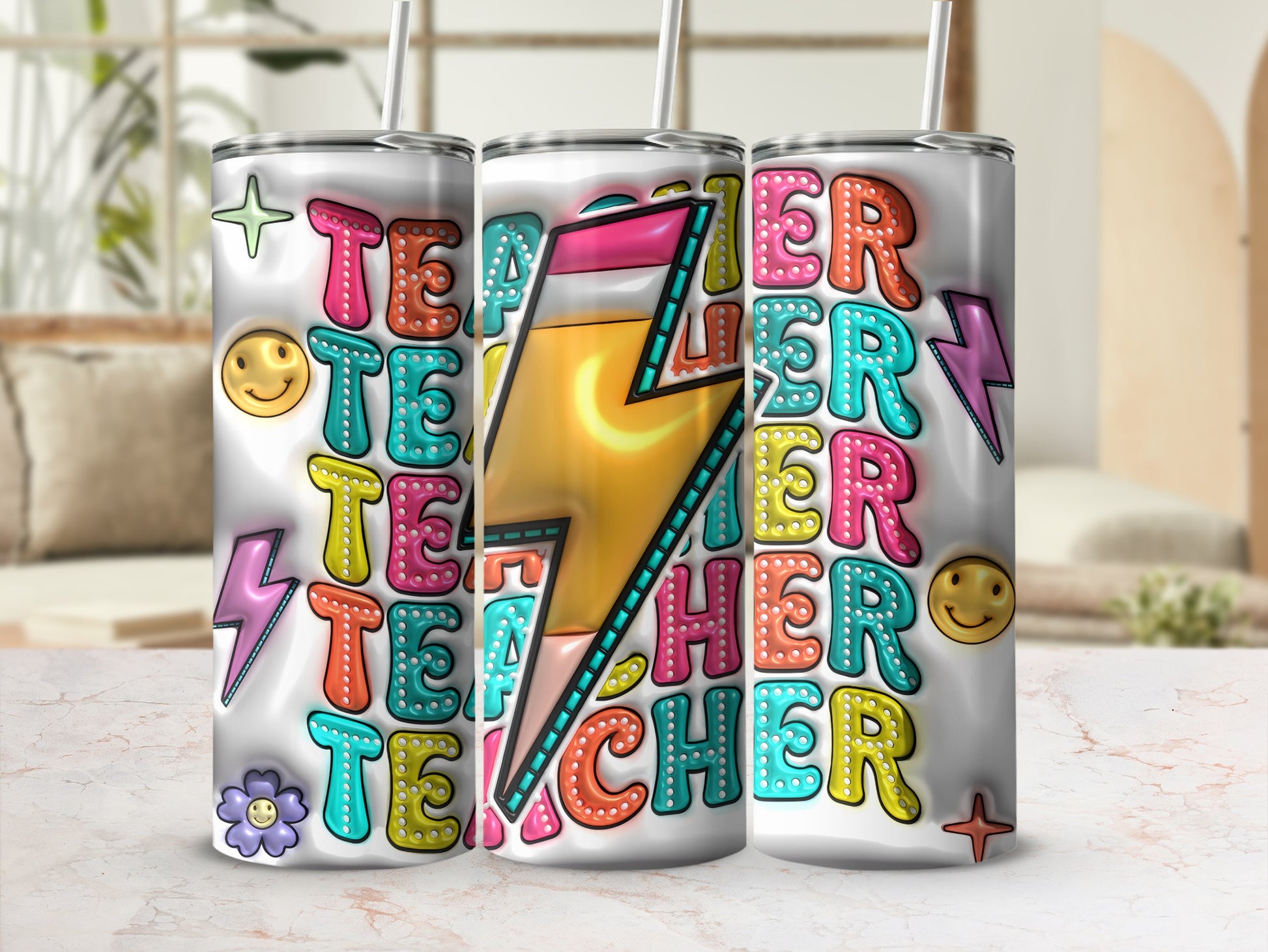 Teacher tumbler with lightning bolt and smiling sun and flower graphics.