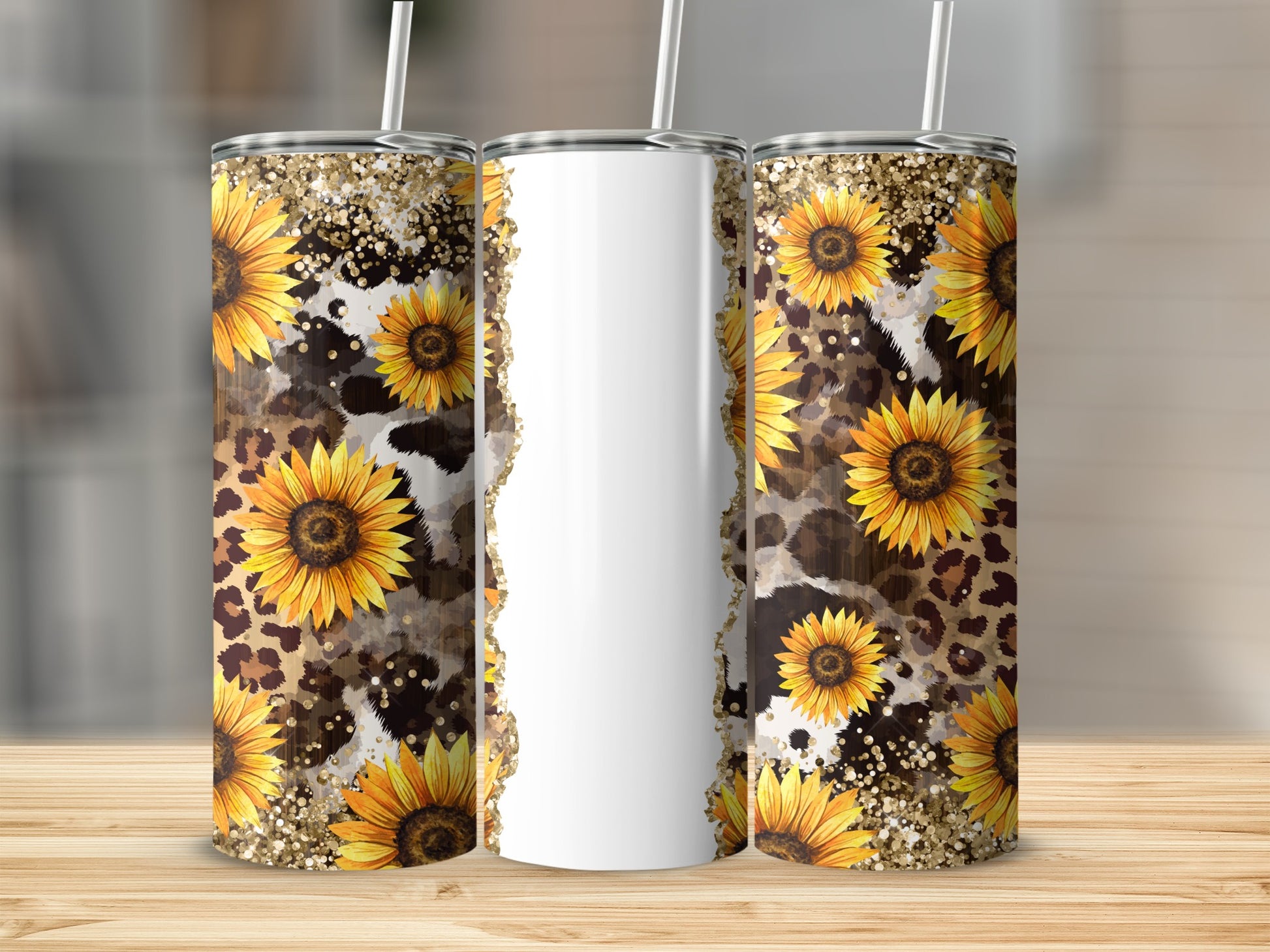 Three tumblers with sunflowers, cheetah print, and glitter accents.