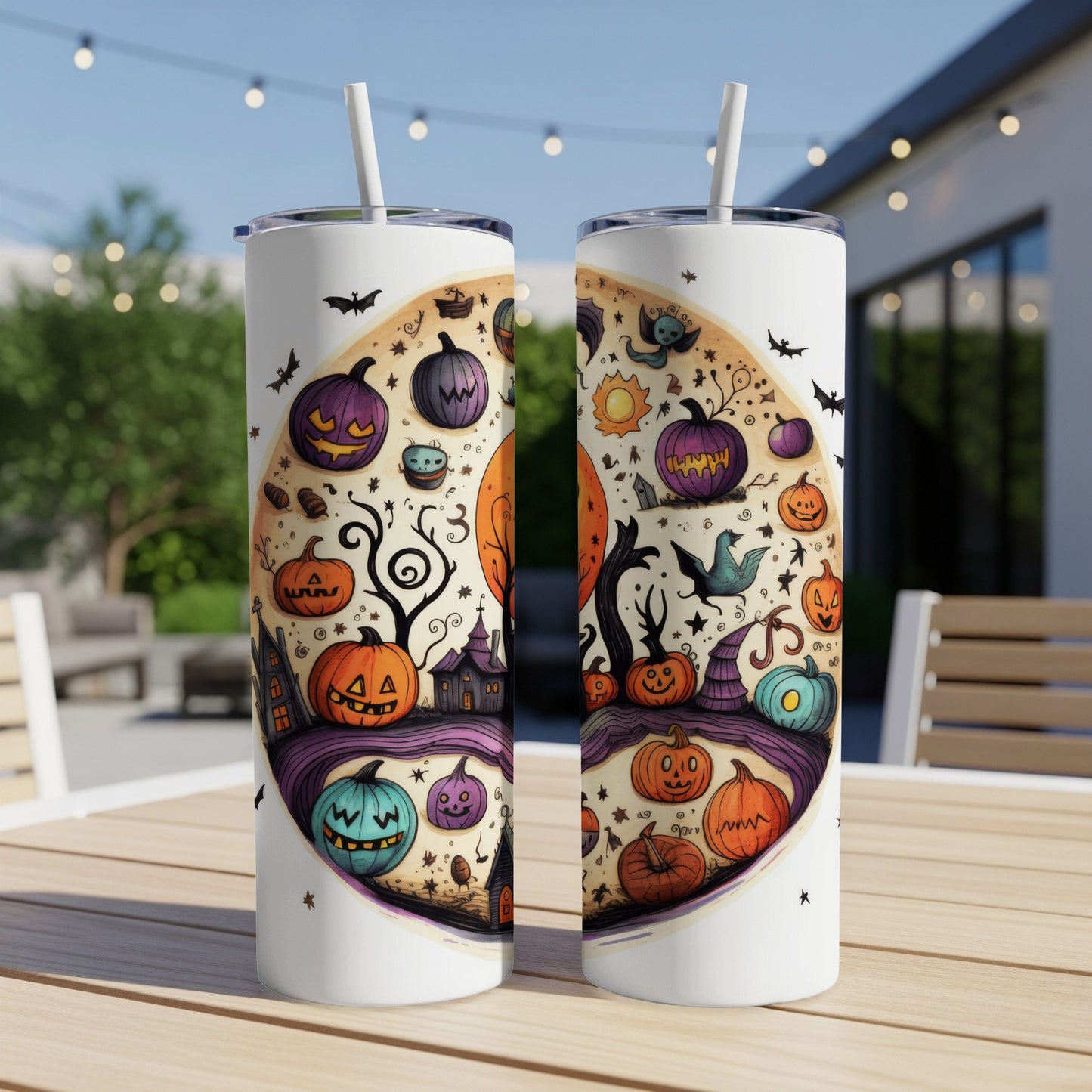 Two white tumblers with a Halloween-themed design featuring pumpkins, bats, and haunted houses.