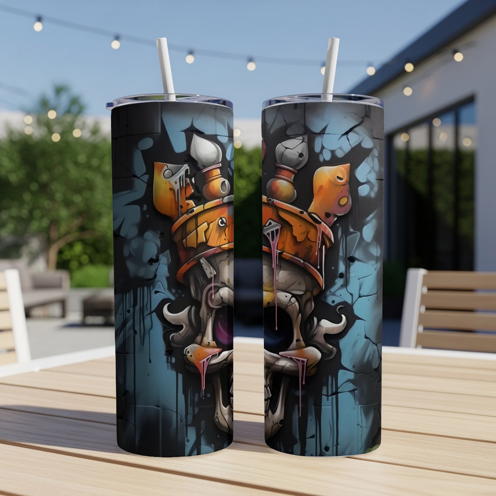 Two tumblers with a graffiti-style skull and paintbrush design.