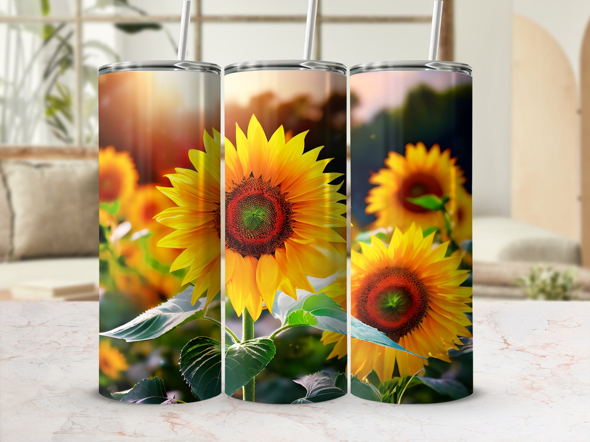 Three tumblers feature close-up sunflower designs with natural lighting.