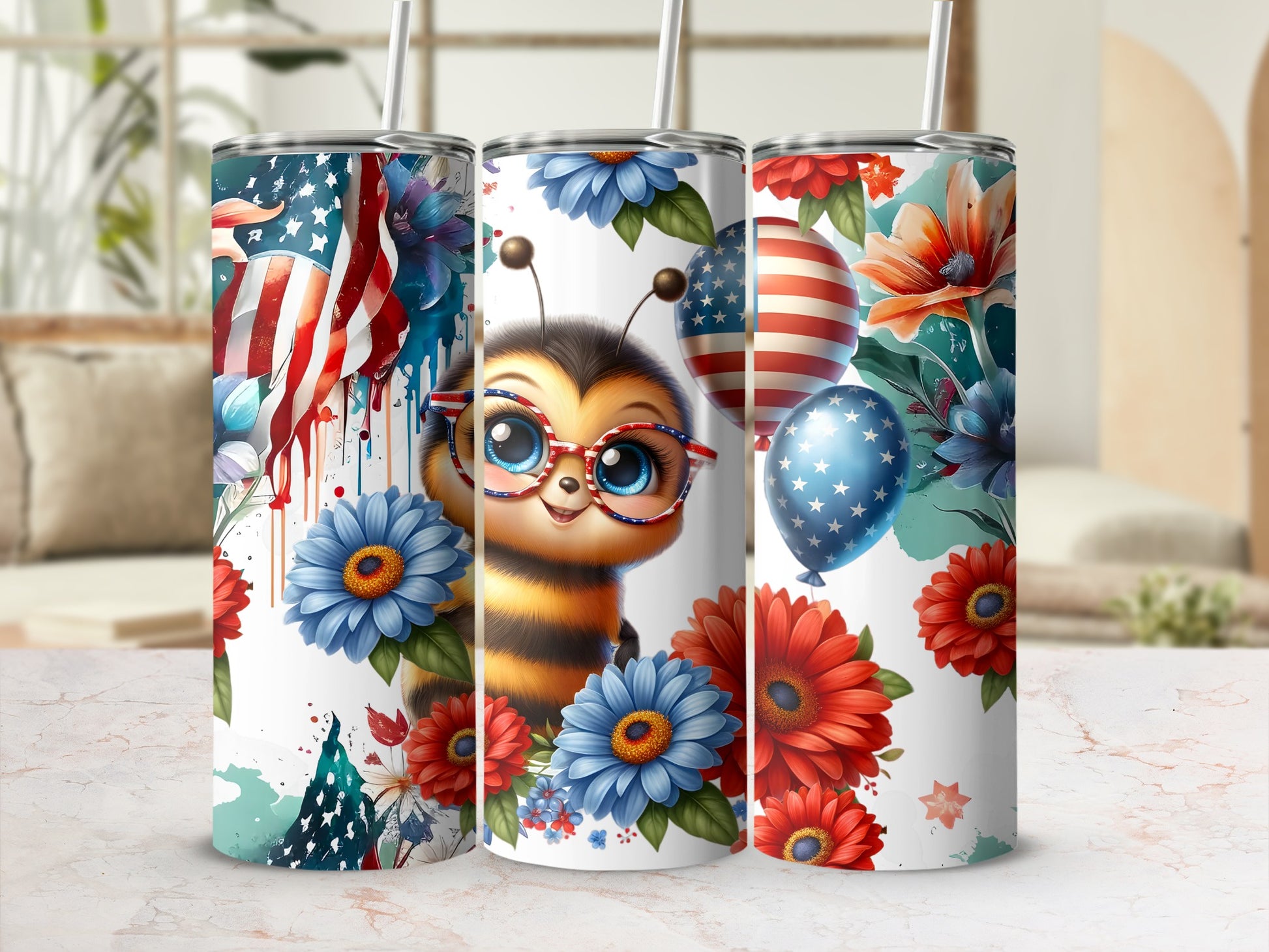 Cute bee wearing glasses with American flag and floral designs on tumblers.