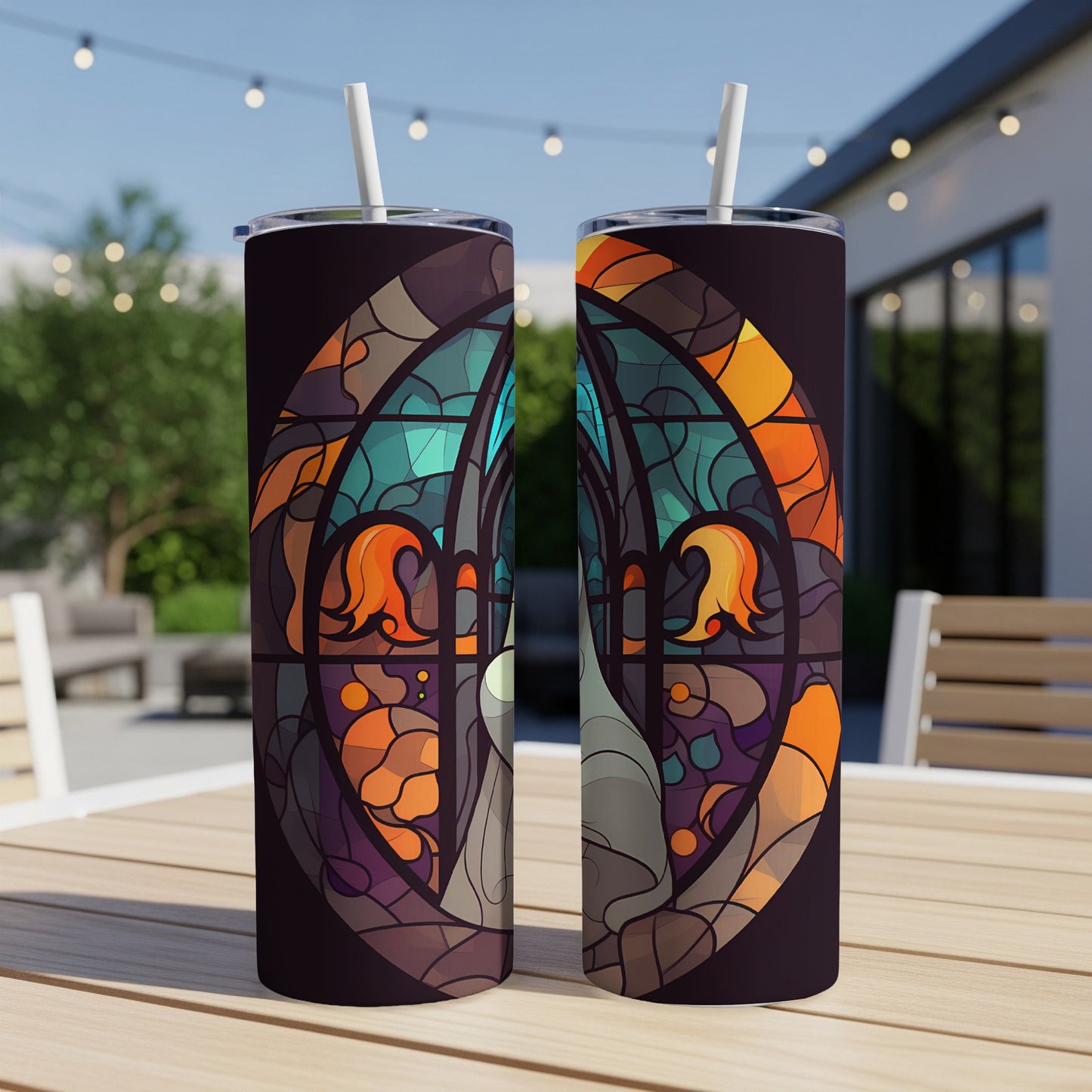 Two tumblers with stained glass floral design sitting on a wooden table.