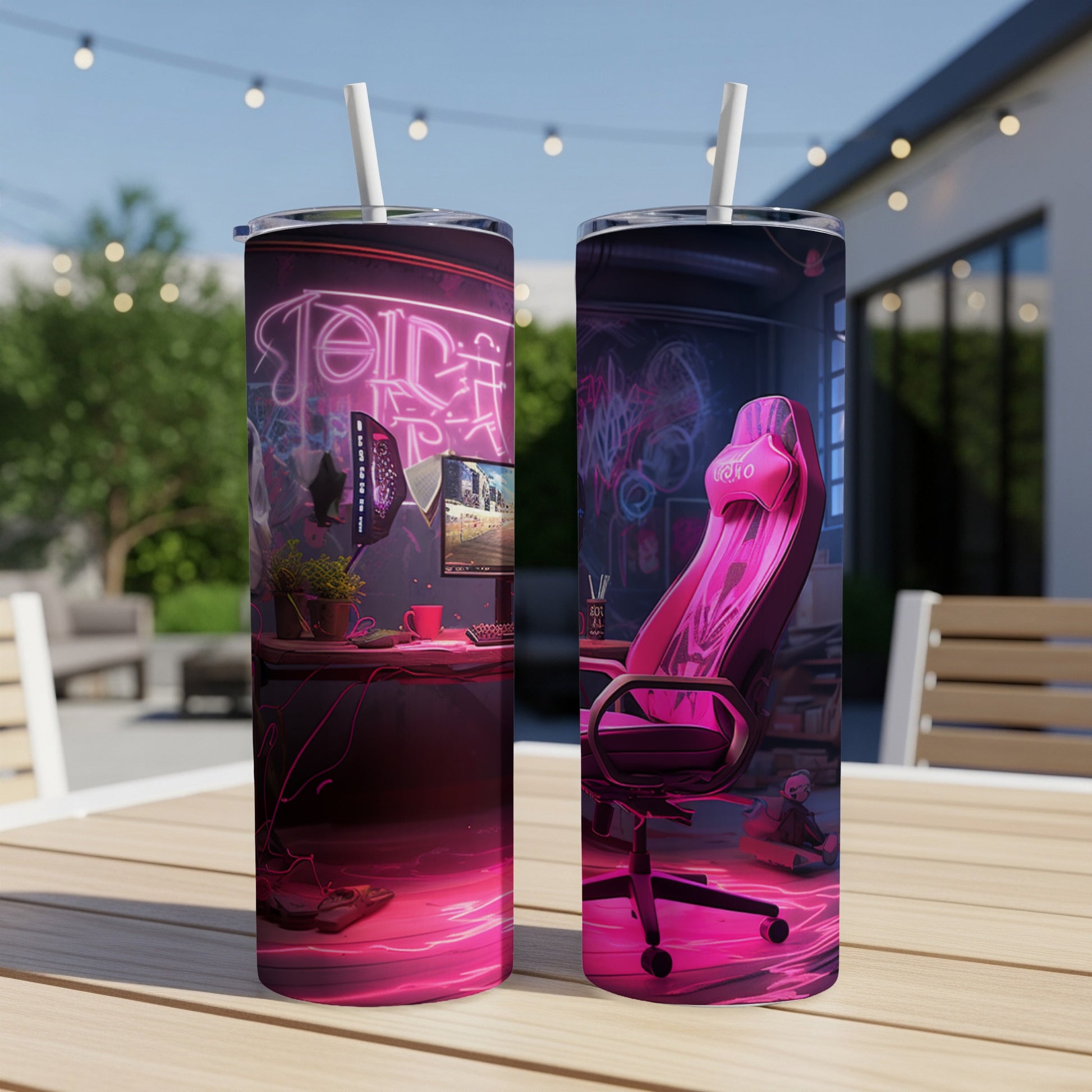 Gaming setup with a pink LED sign and gamer chair on a wooden table.