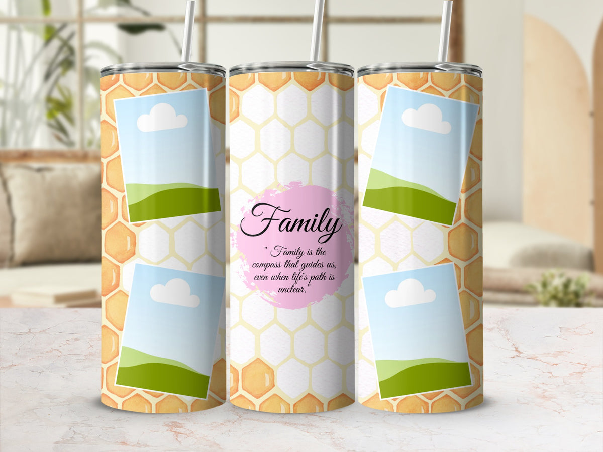 Tumbler with honeycomb design, photos, and quote "Family is the compass..."
