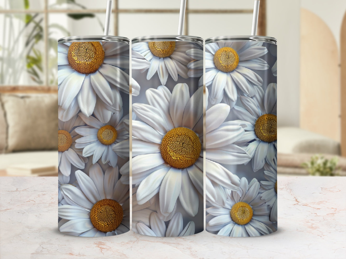 Three tumblers with a close-up daisy floral pattern.