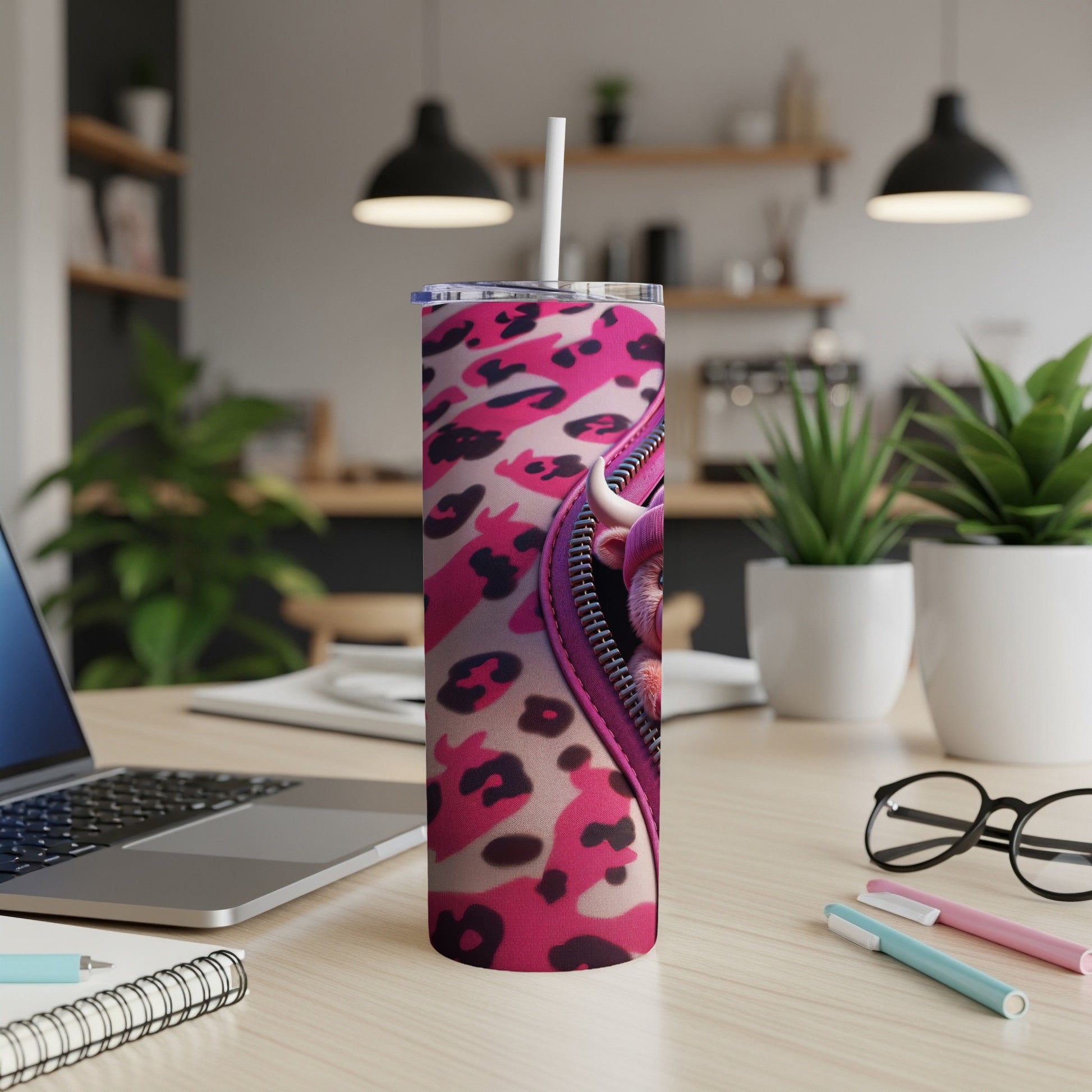Pink leopard print tumbler with a bull graphic peeking from a zippered pocket.