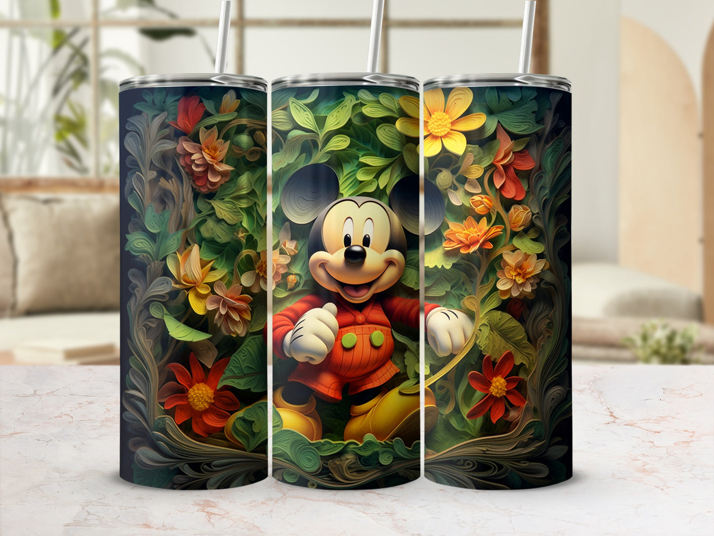 Vibrant Disney Character Floral Design Tumbler