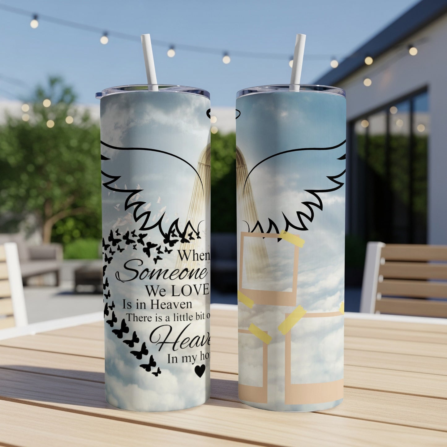 Two tumblers with a cloudy sky, angel wings, and text about heaven.