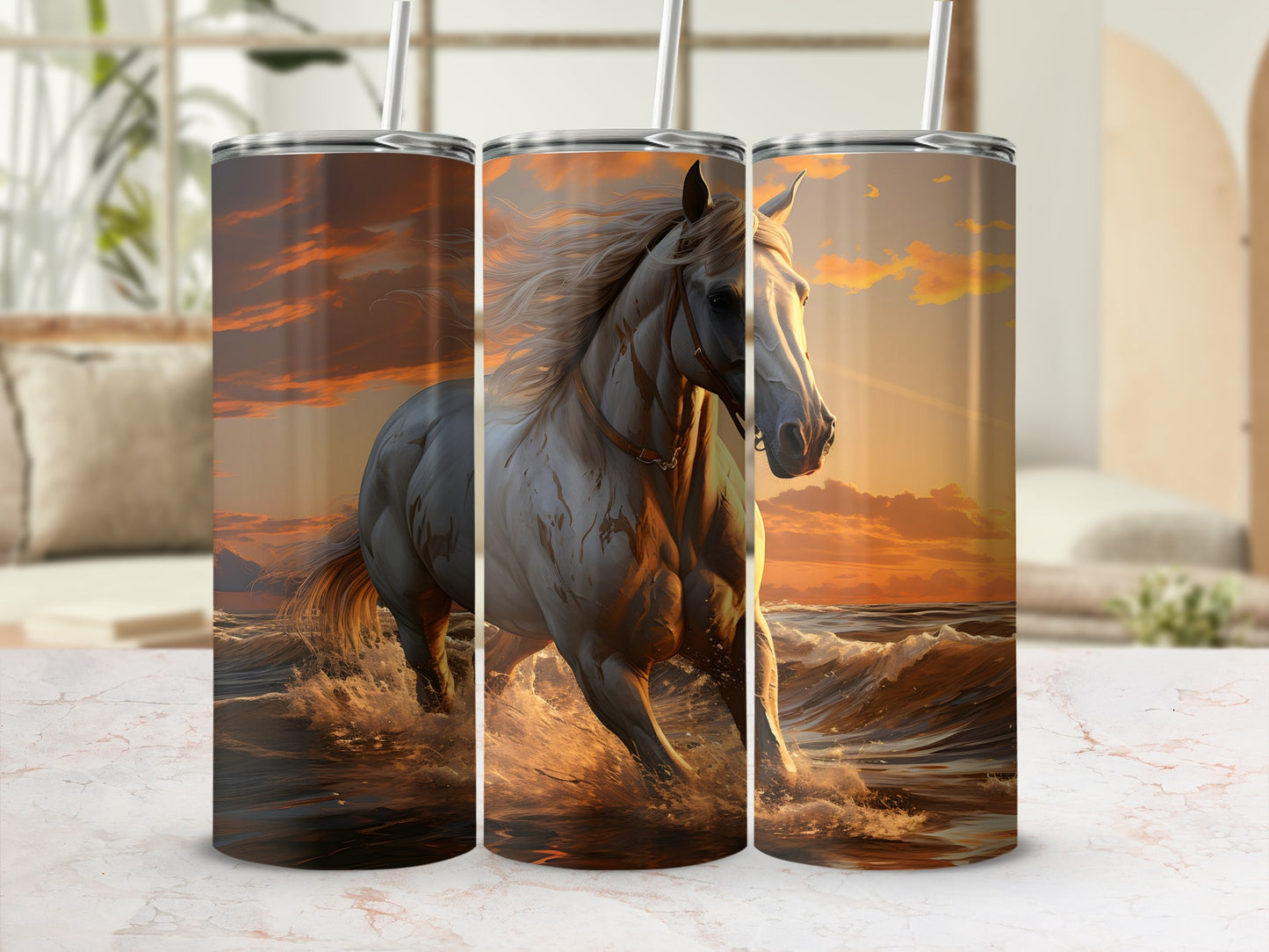 Majestic White Horse Tumbler with Sunset Background