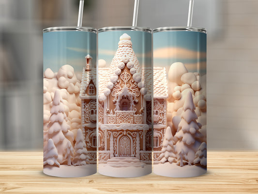 Gingerbread house tumbler design with snowy trees and clouds.