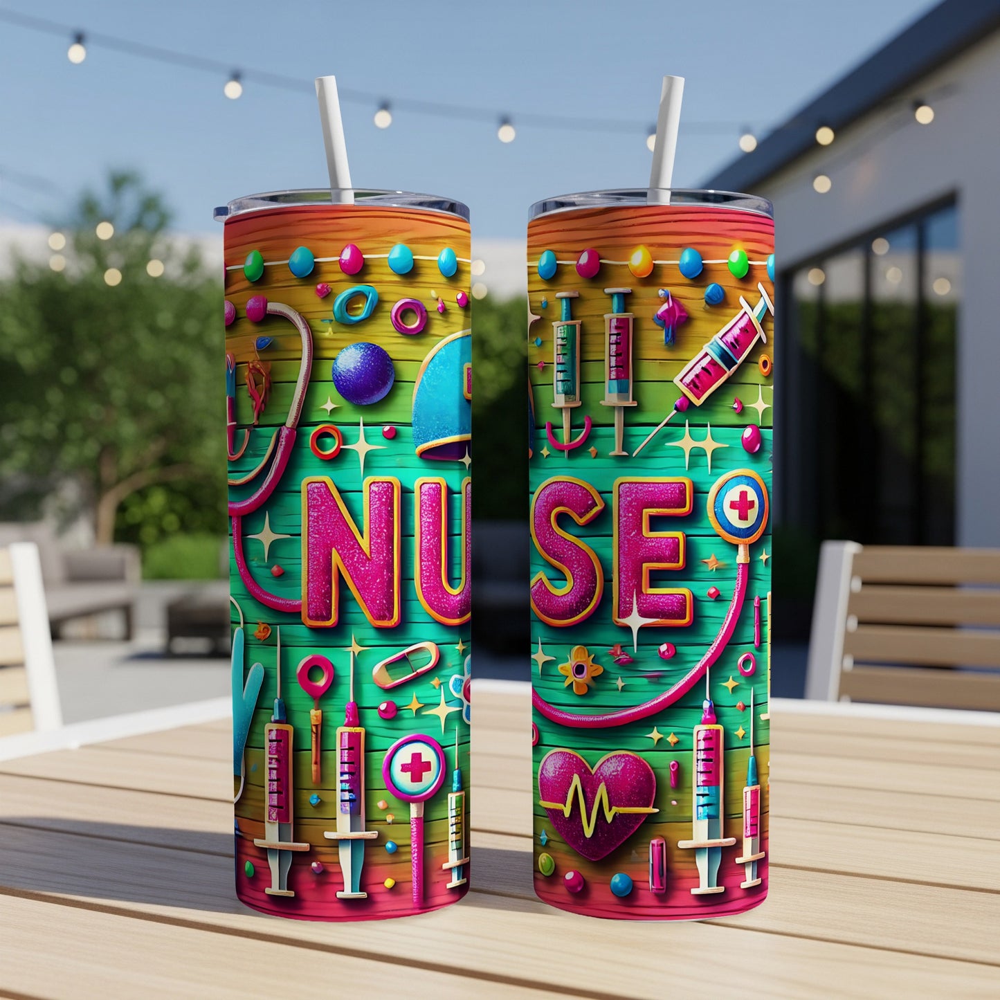 Two colorful tumblers with nurse-themed graphics and the word "NURSE".
