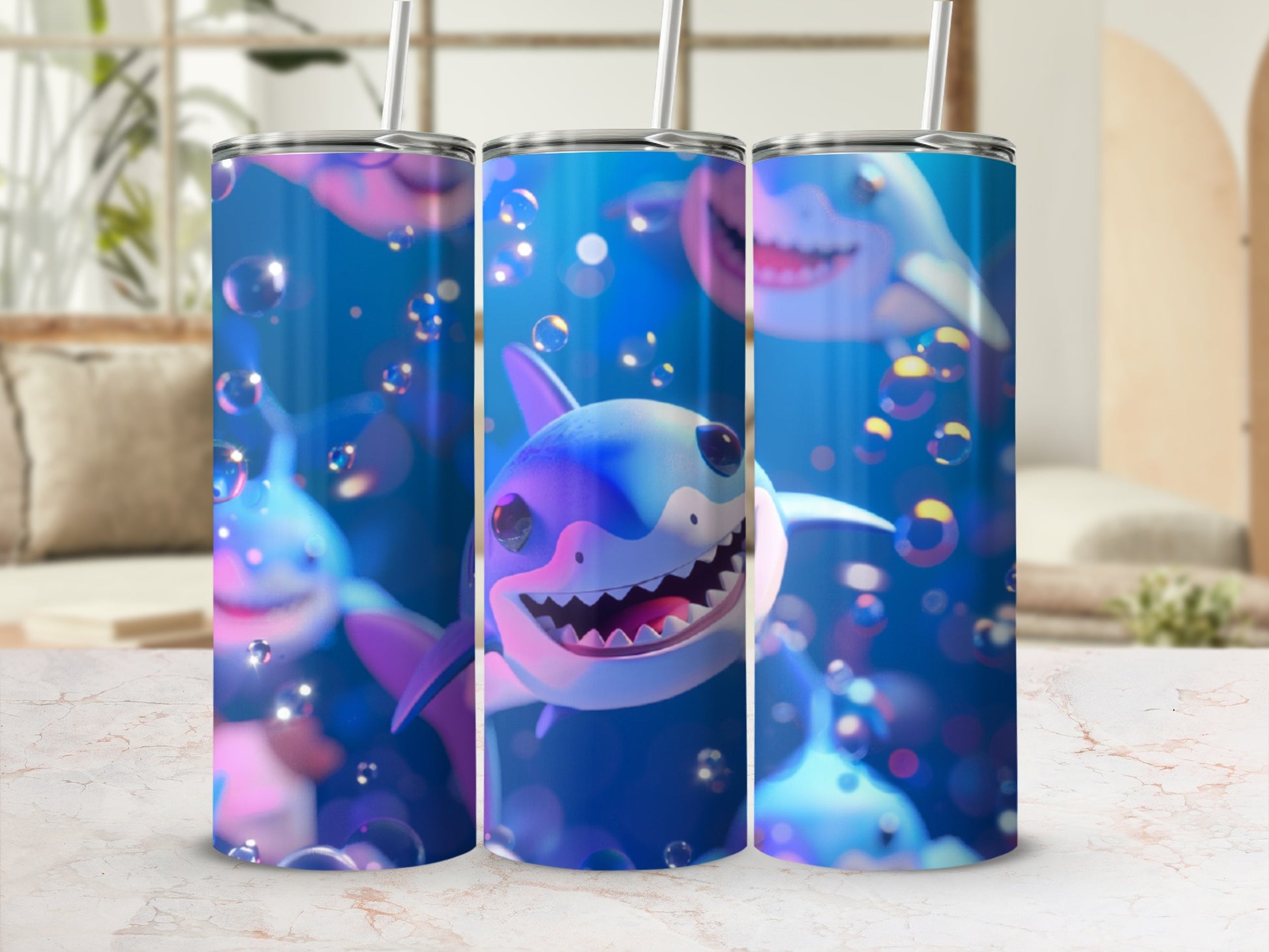 Three cartoon sharks with bubbles on a blue background, presented on a tumbler.