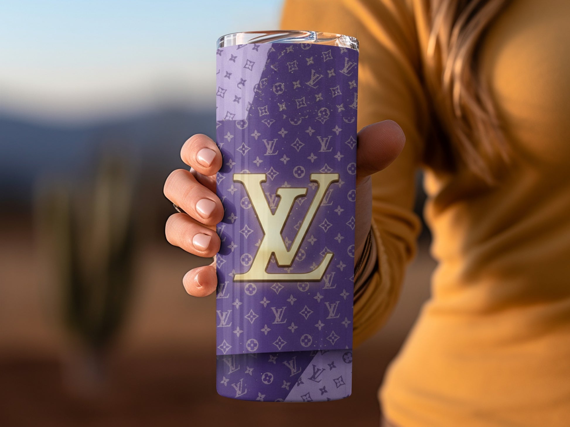 Stylish Designer Purple Tumbler with Gold LV Insignia