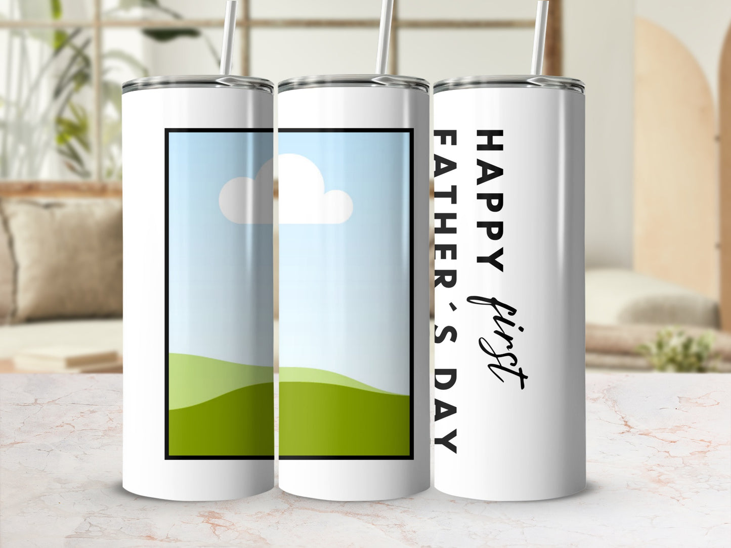 Three white tumblers with straws, one showing a landscape and clouds, another blank, and one with "HAPPY first FATHER'S DAY".