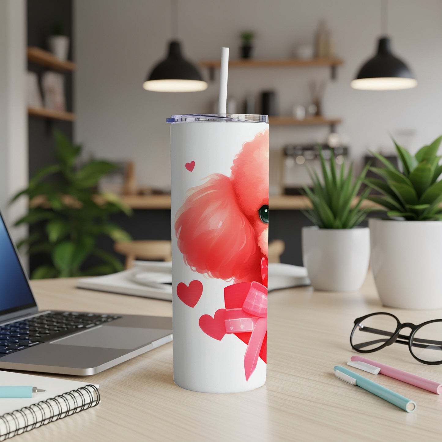 White tumbler with a red poodle and pink hearts design.