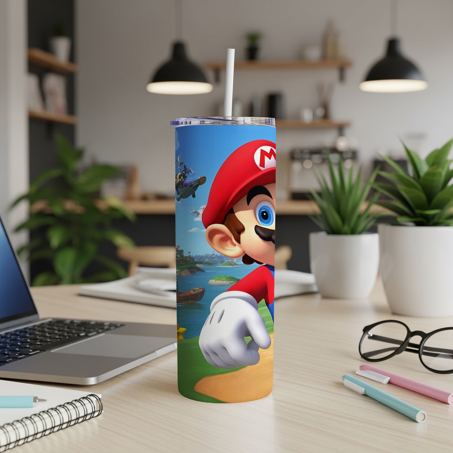 Mario characters on a tumbler with a kitchen background.