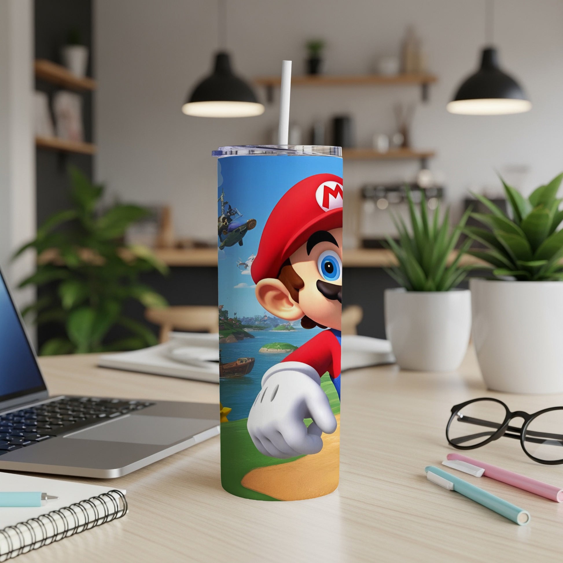Mario characters on a tumbler with a kitchen background.
