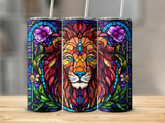 Stained glass lion with floral accents on three tumblers.