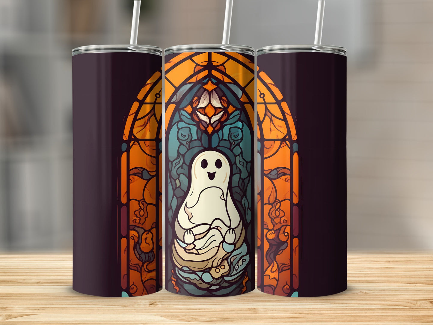 Ghost in stained glass design on a tumbler mockup.