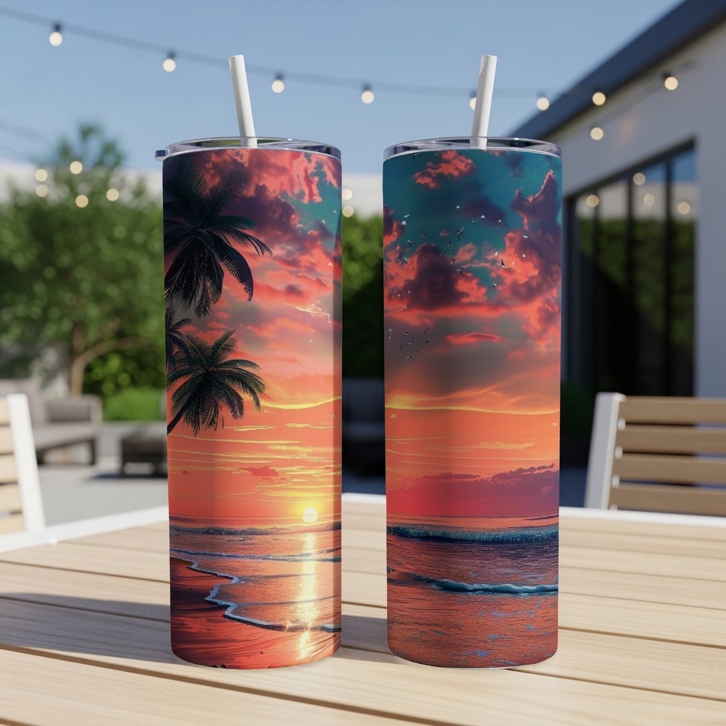 Two tumblers on a table with a beach sunset design.