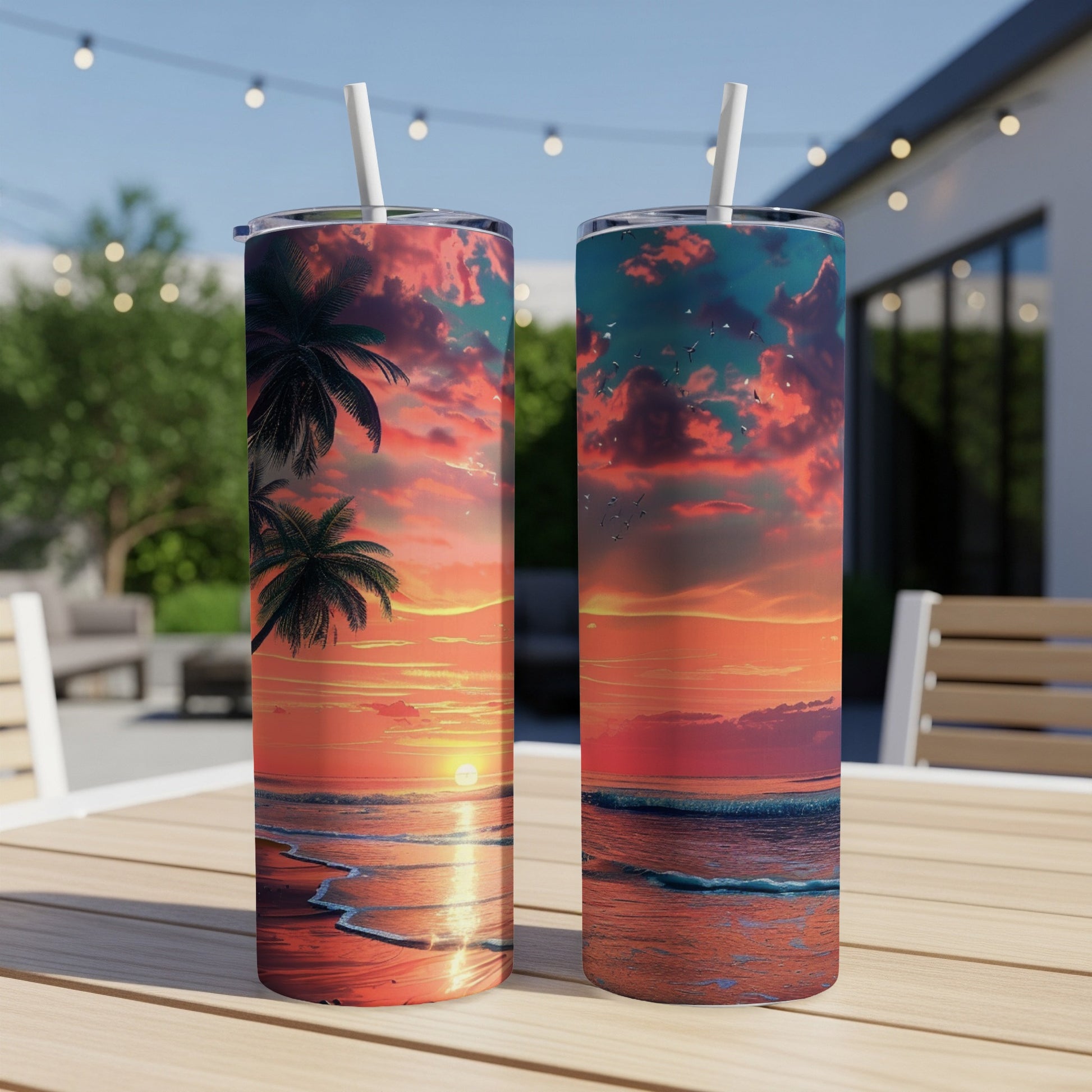 Two tumblers on a table with a beach sunset design.