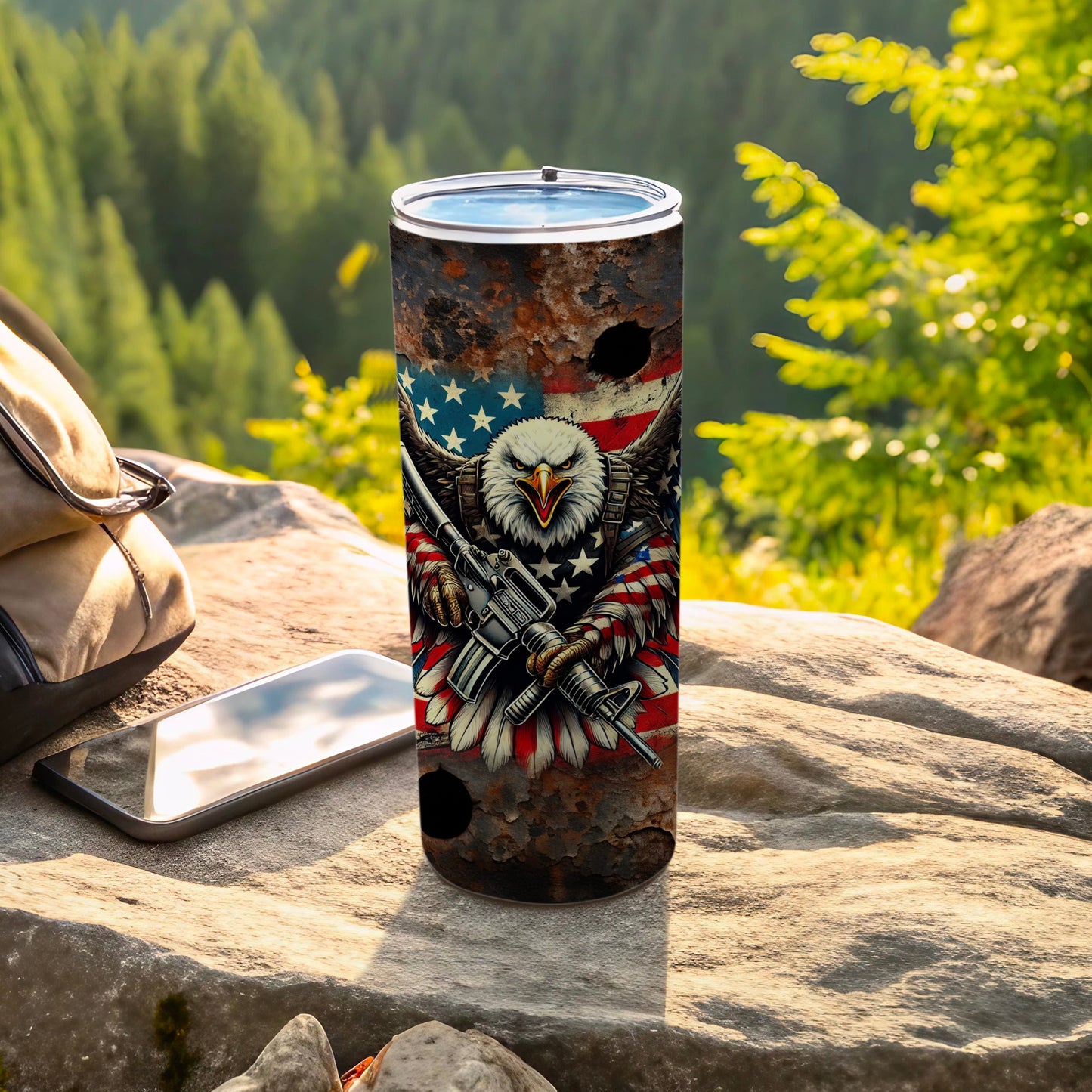 Patriotic eagle with rifle design on a stainless steel tumbler.