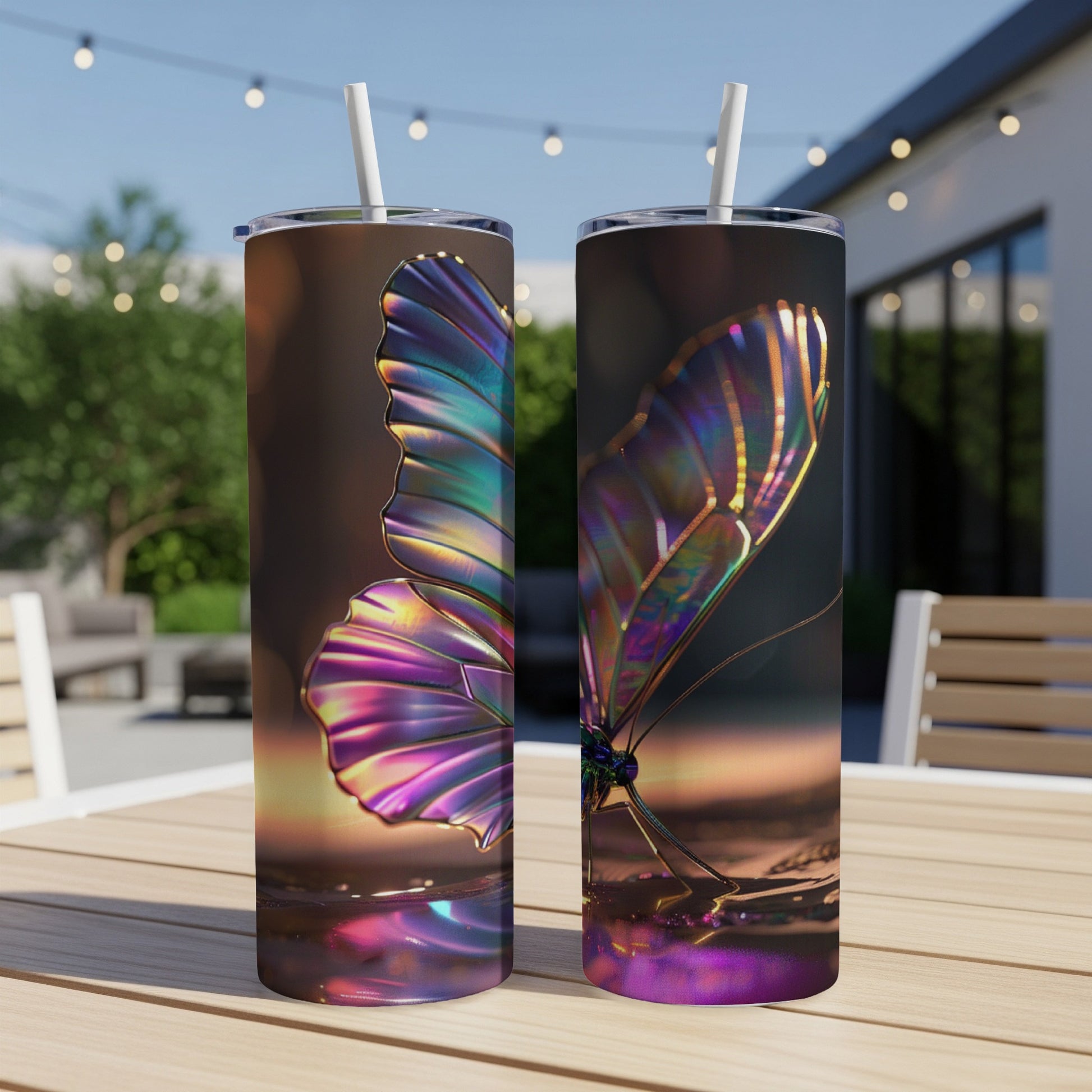 Two tumblers with iridescent butterfly wings design on a patio table.