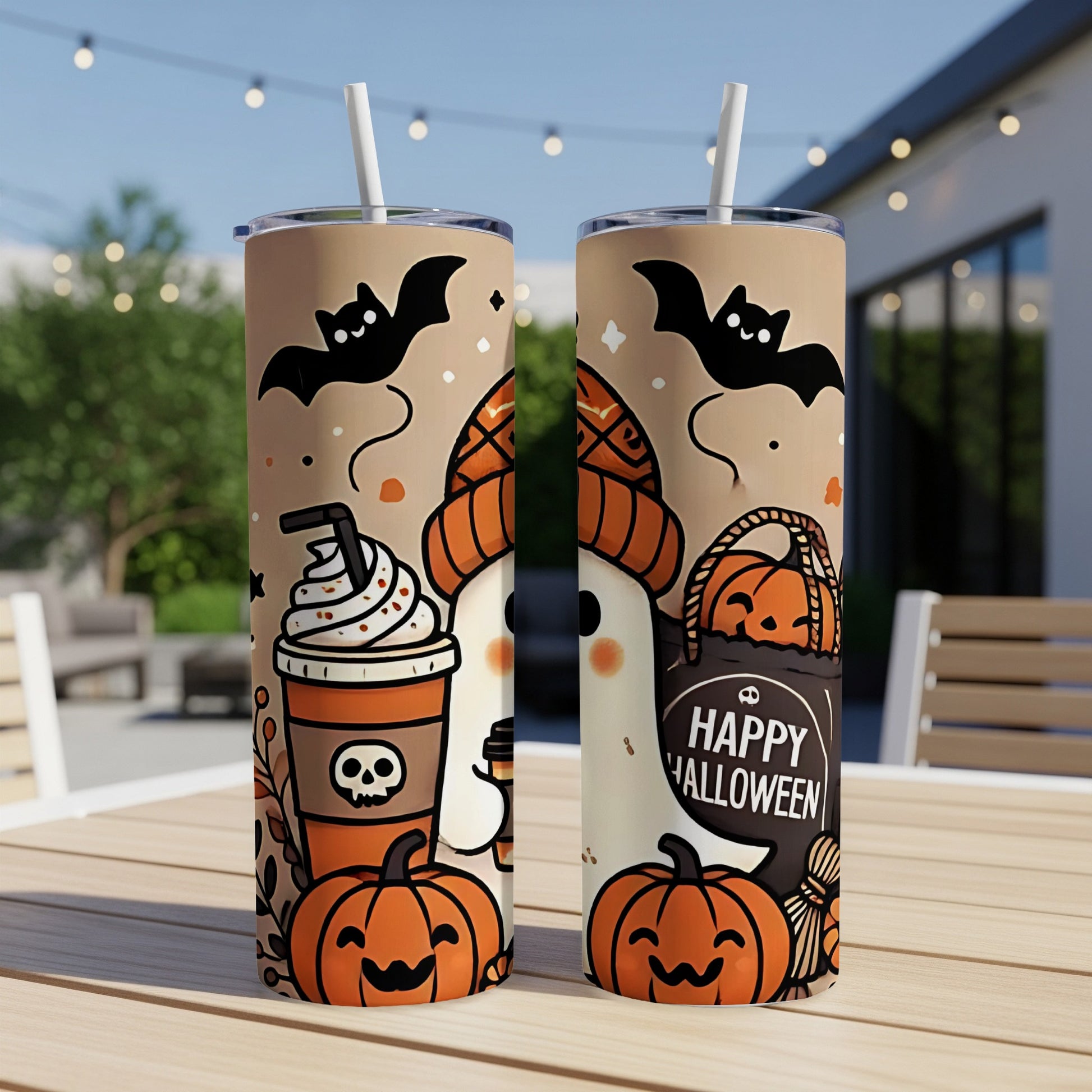 Two tumblers with a Halloween theme featuring ghosts, pumpkins, bats, and coffee.