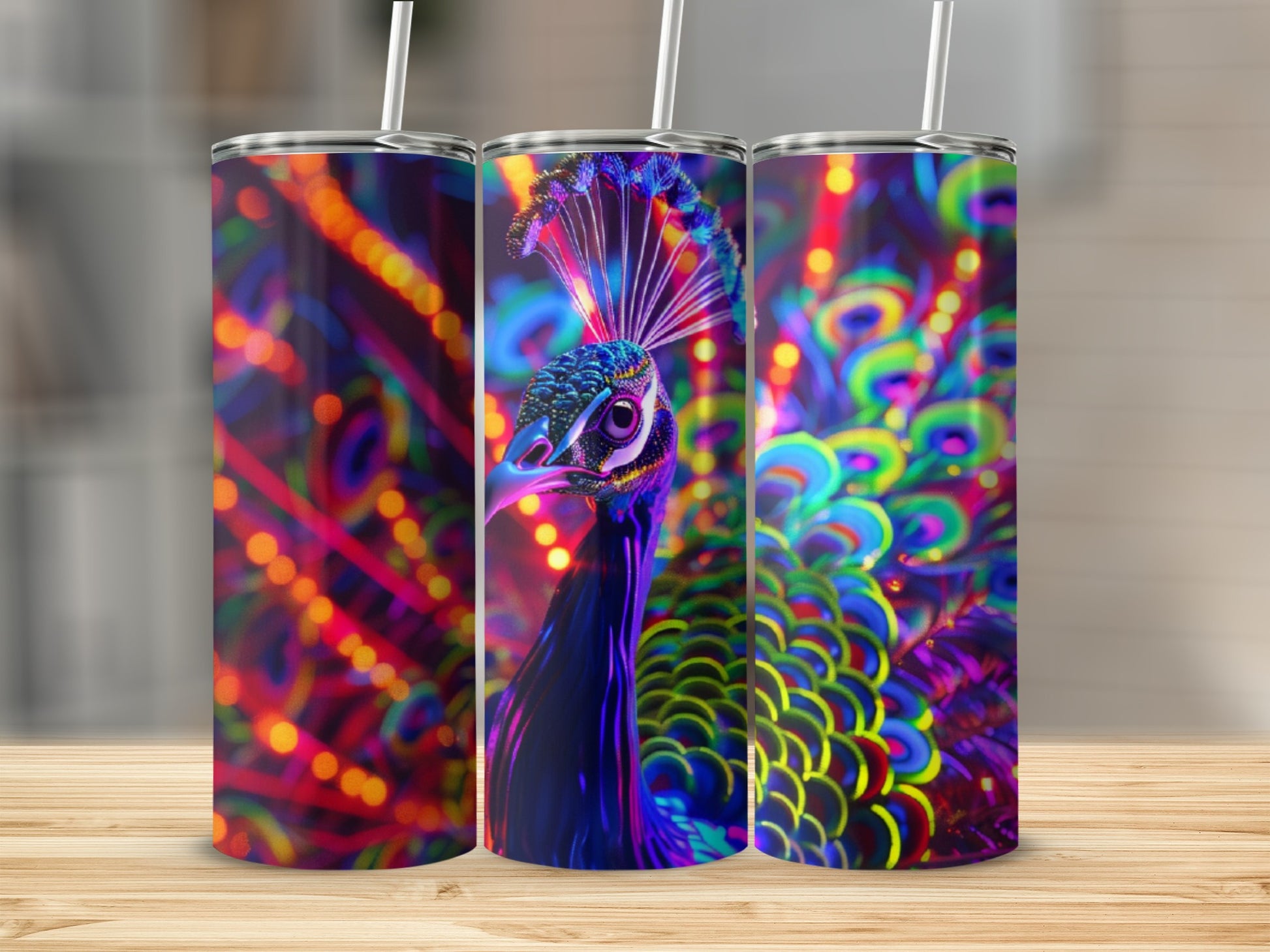 Three tumblers with vibrant, abstract peacock feather designs and straws.
