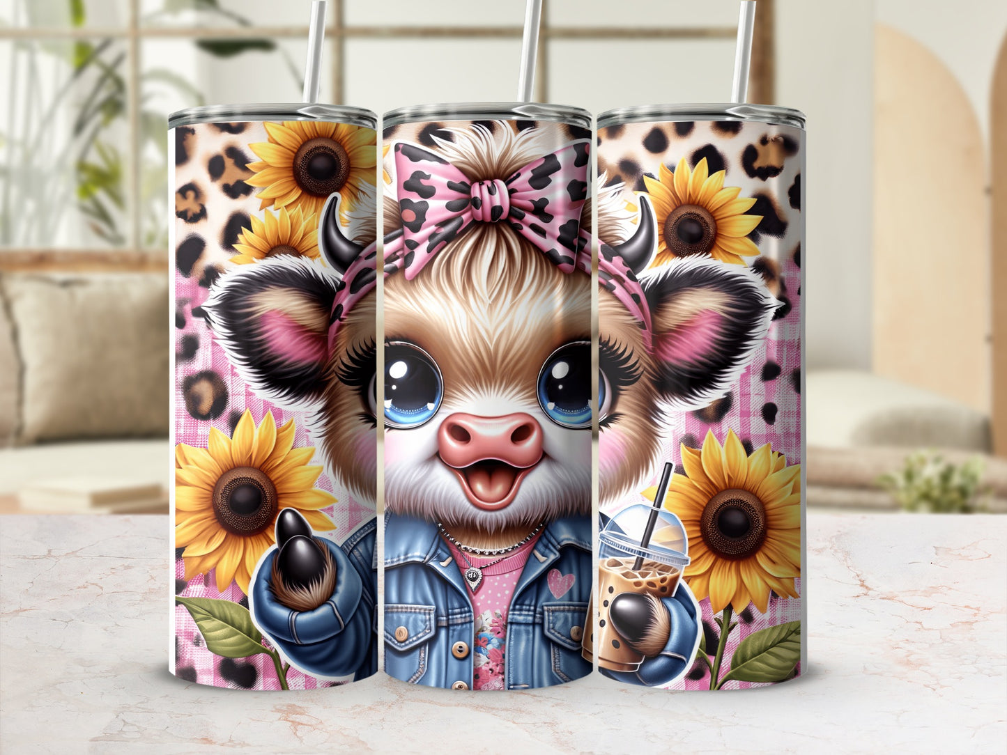Cartoon cow with sunflowers and leopard print holding a smoothie.
