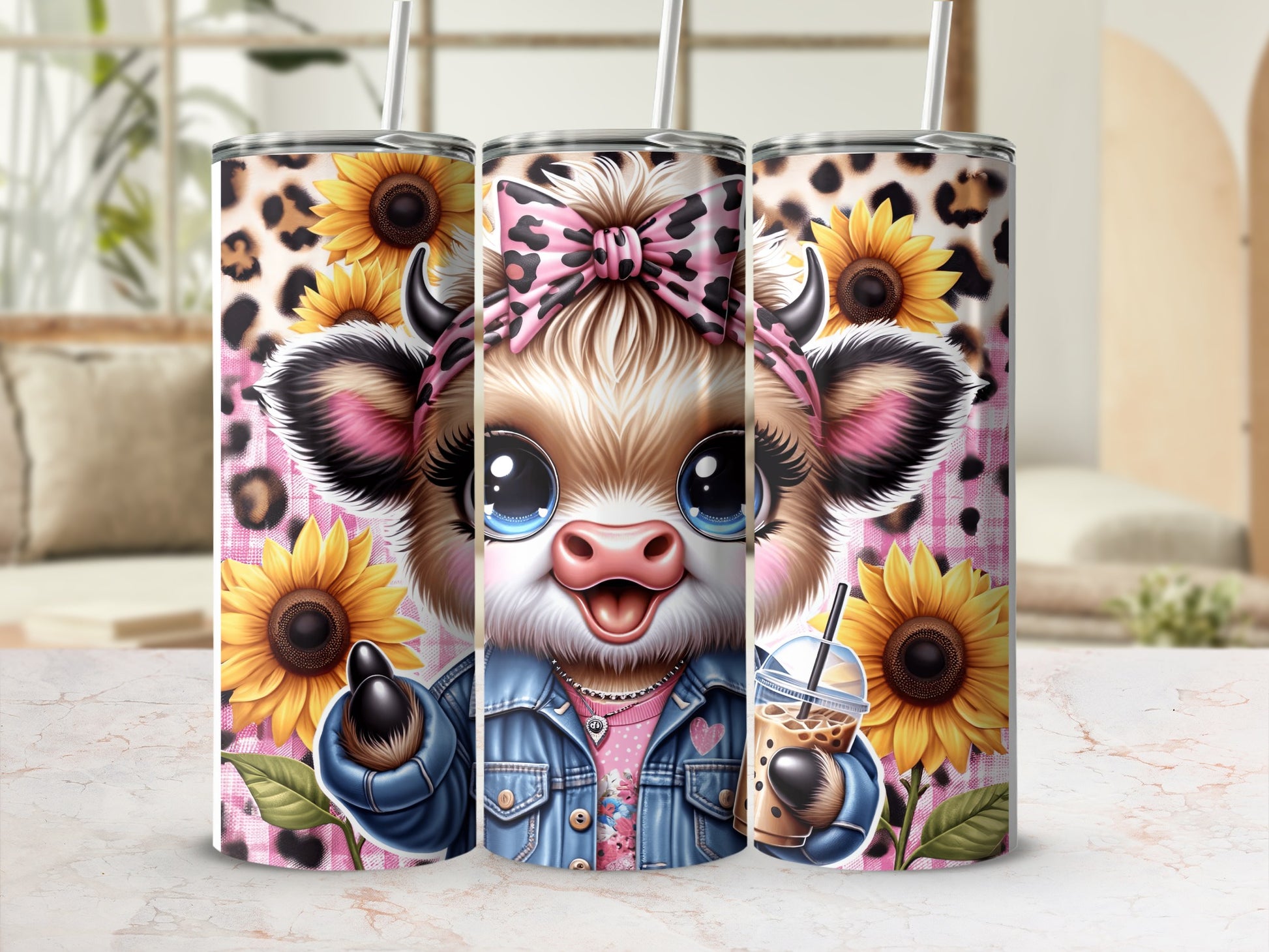 Cartoon cow with sunflowers and leopard print holding a smoothie.