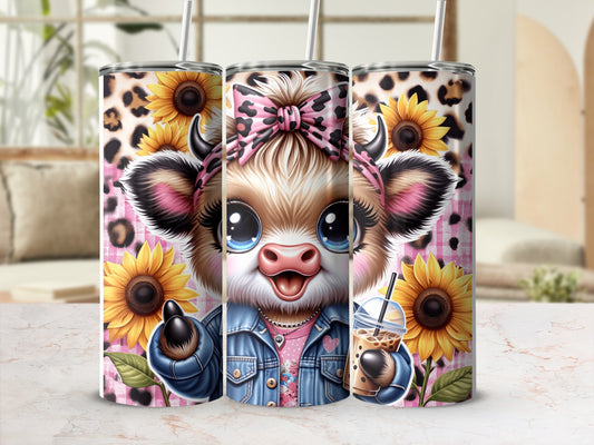 Cartoon cow with sunflowers and leopard print holding a smoothie.