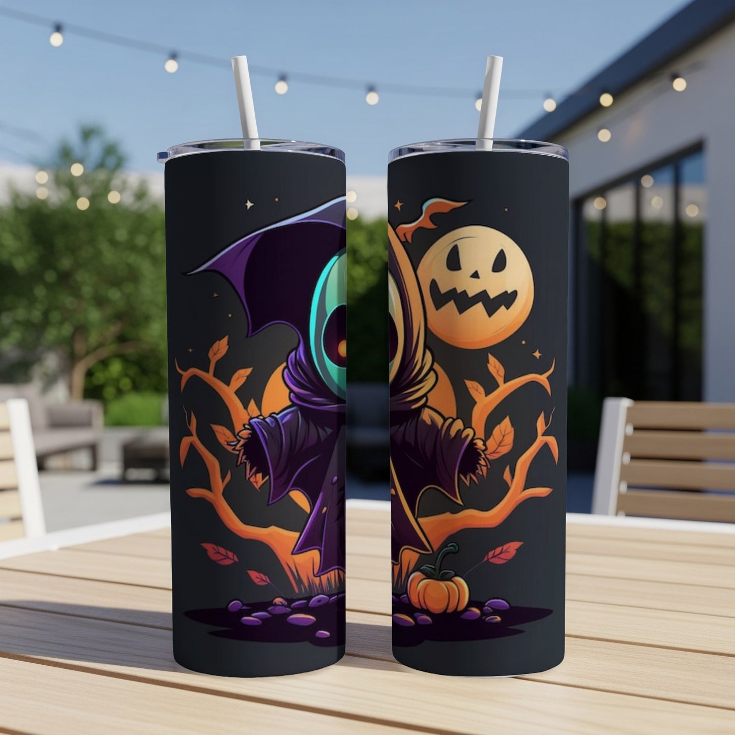 Two black tumblers with Halloween grim reaper and pumpkin designs on a table.