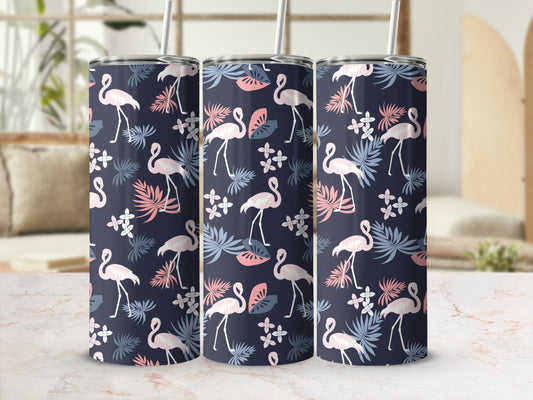 Three tumblers with a navy background and a flamingo and floral pattern.