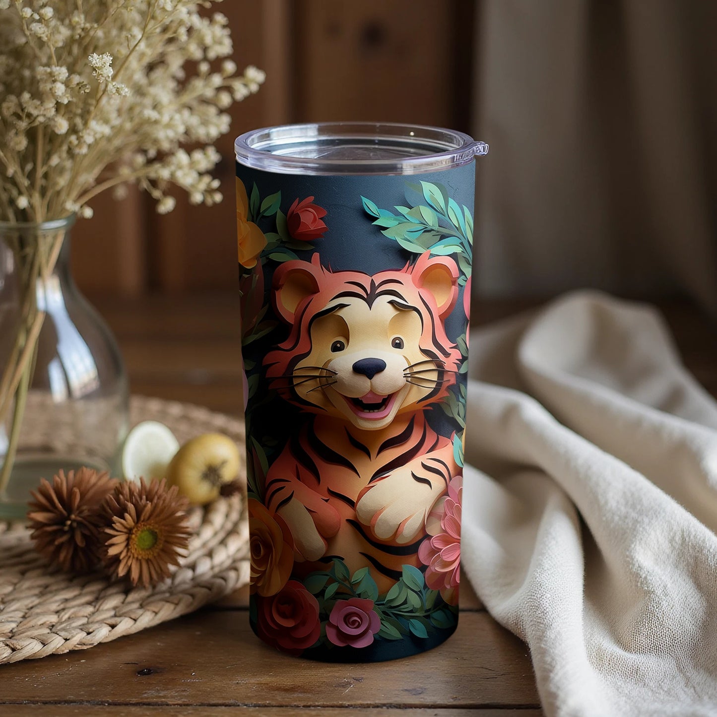 Playful Tiger Floral Design Insulated Tumbler Cup