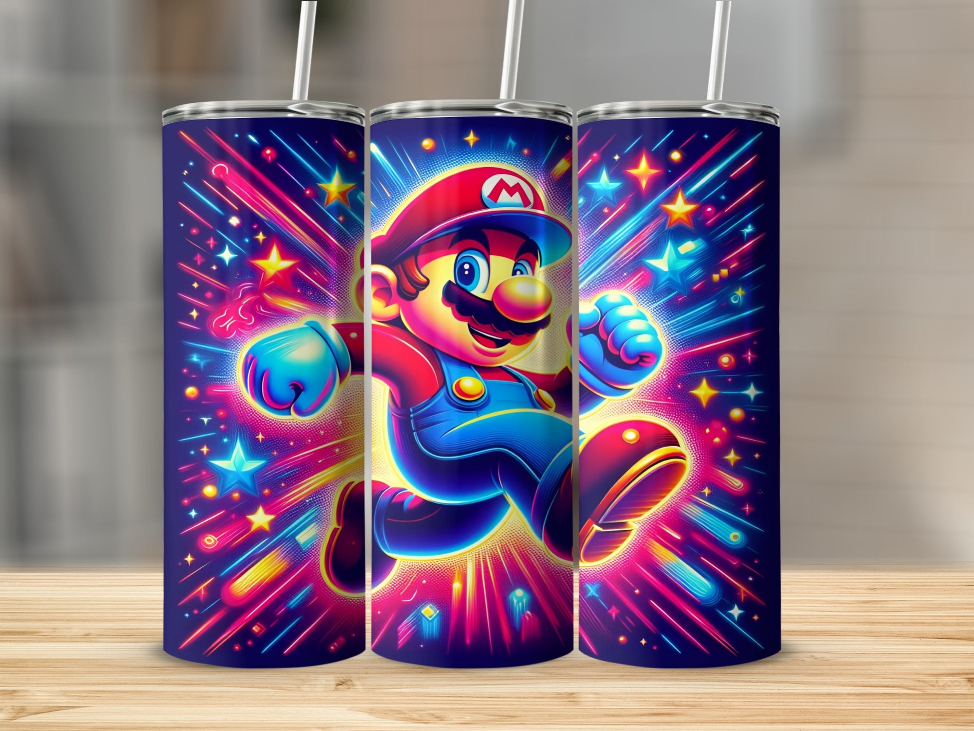 Mario in mid-jump with colorful stars and lights on a tumbler.