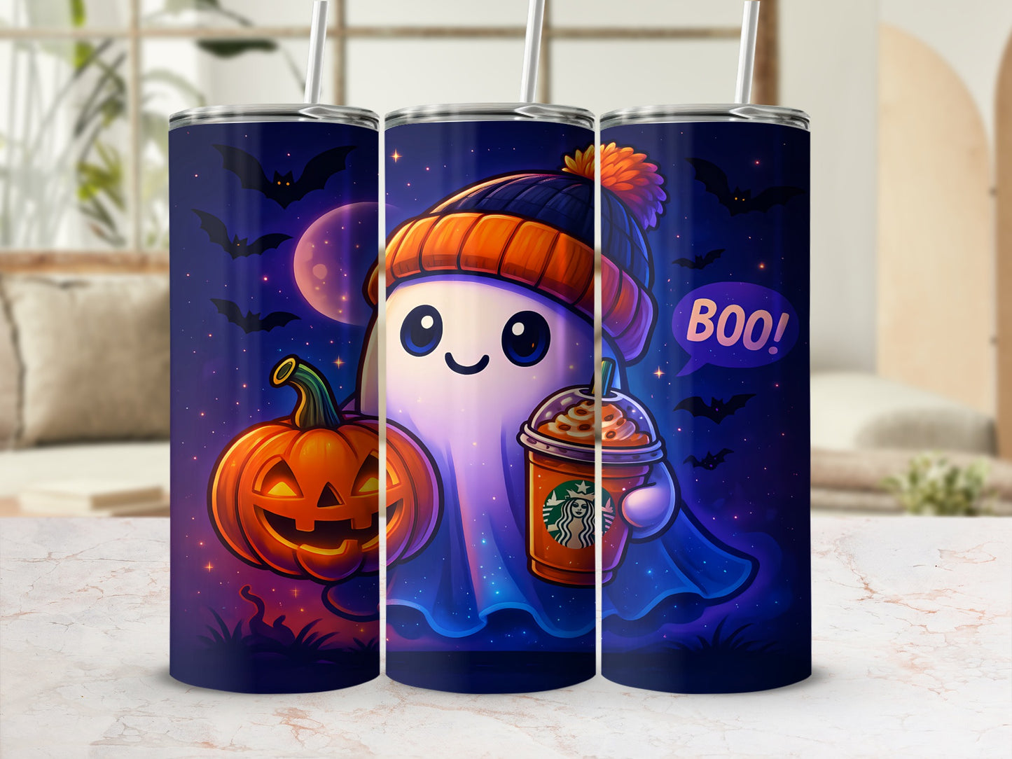 Halloween tumbler with ghost, pumpkin, and Starbucks drink design.