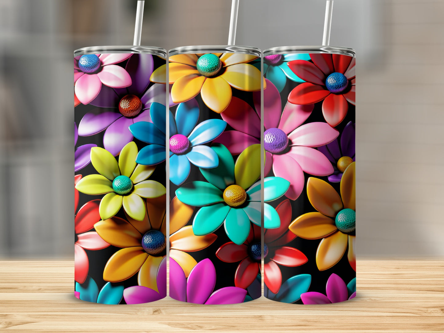Colorful 3D Flower Art Tumbler Cup with Straw