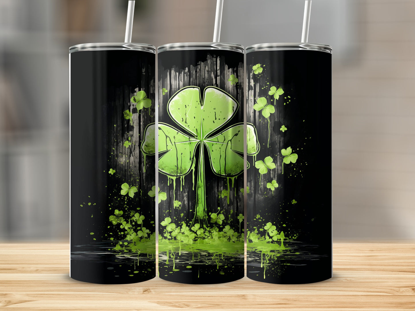 Green shamrock with splattered paint on a wood-grain background.