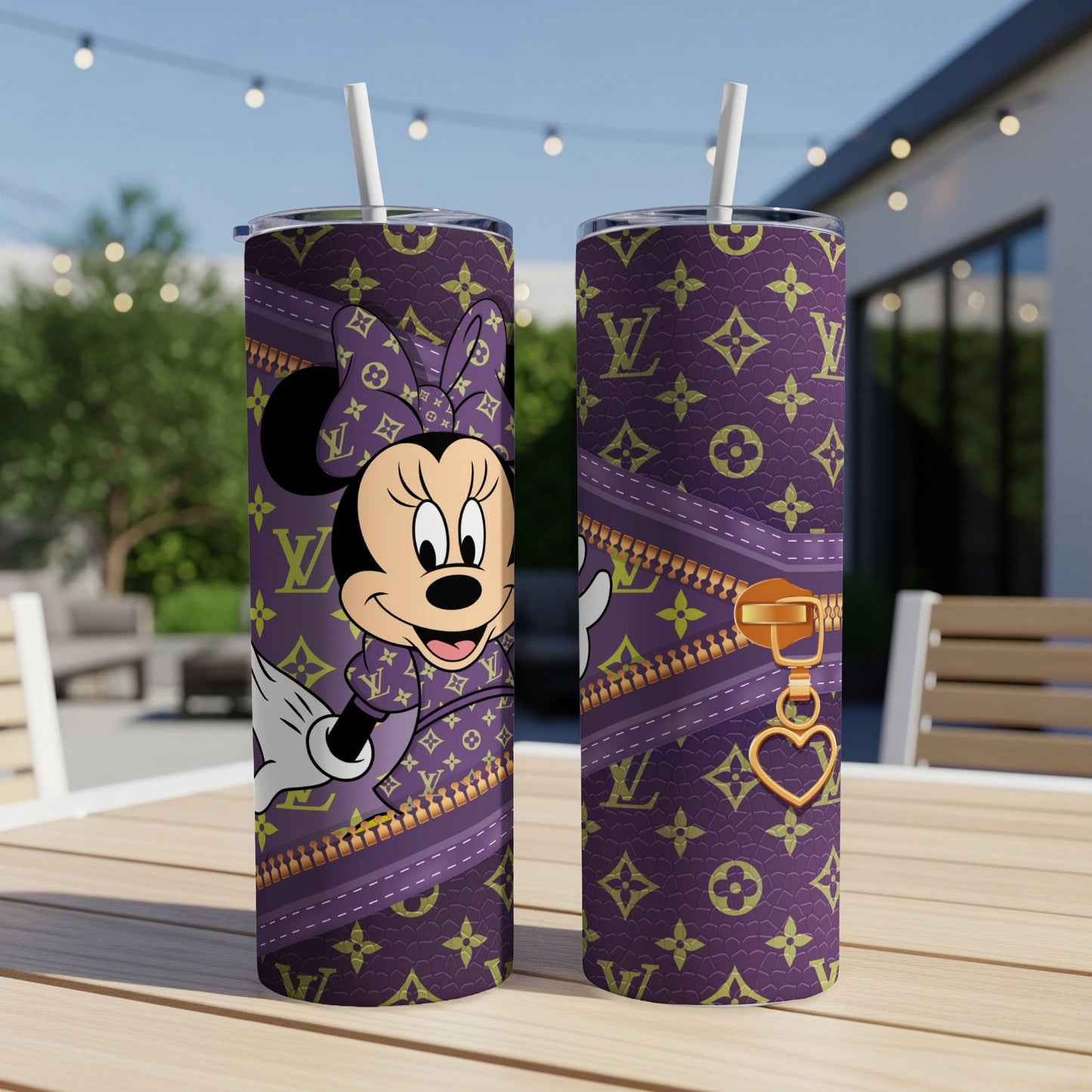 Minnie Mouse on purple tumbler with gold zipper and LV pattern.