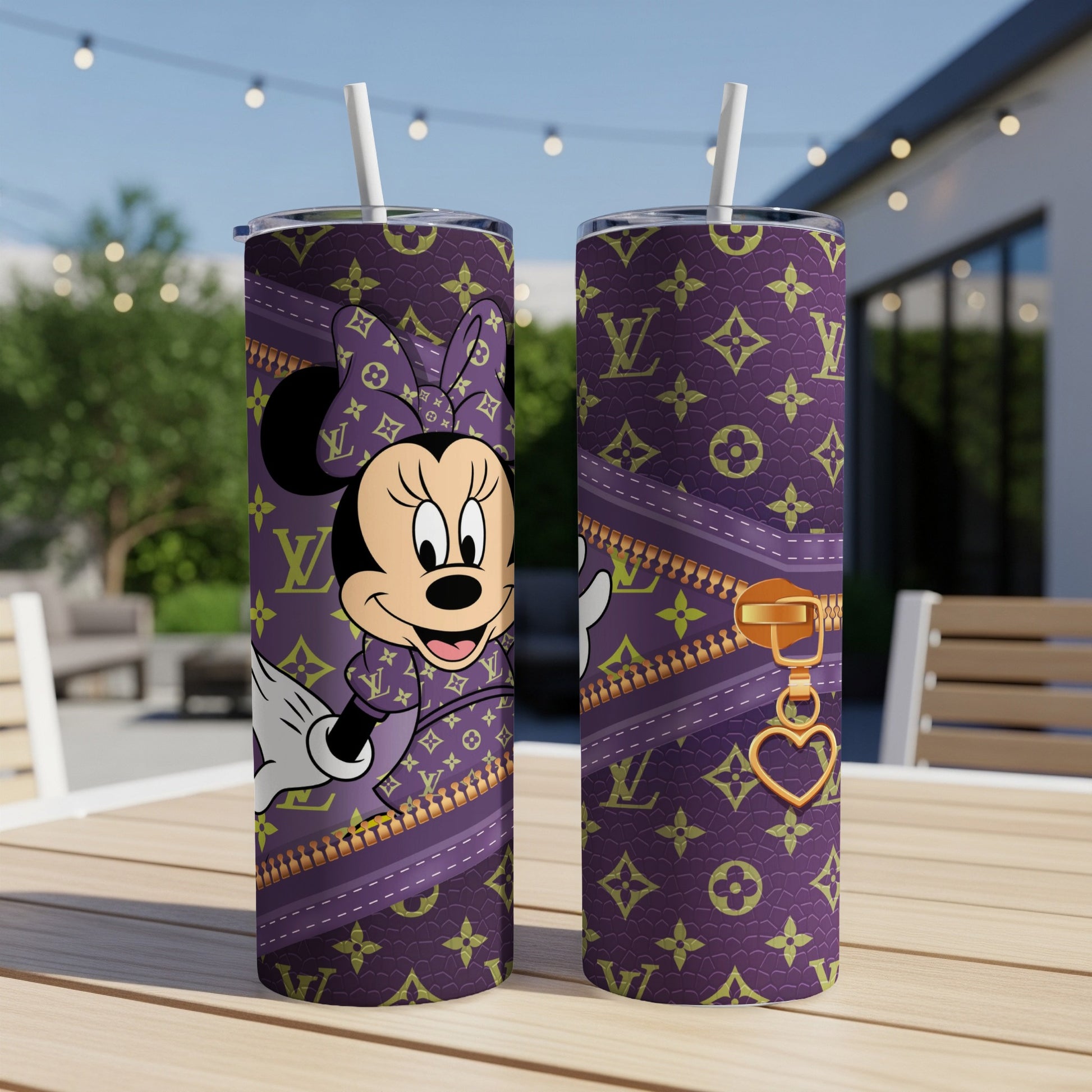 Minnie Mouse on purple tumbler with gold zipper and LV pattern.