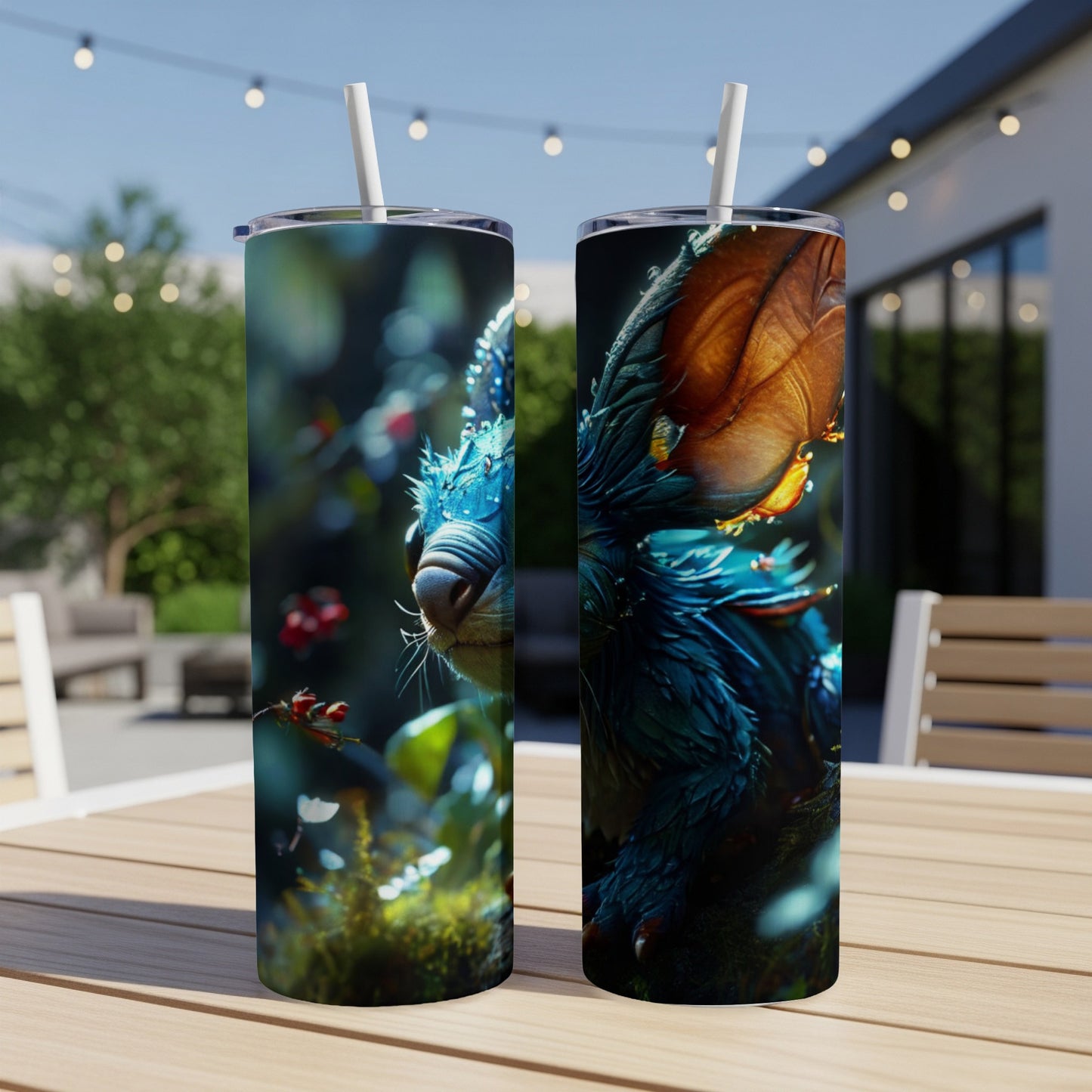 Two tumblers featuring a blue fantasy creature with large ears and glowing eyes.